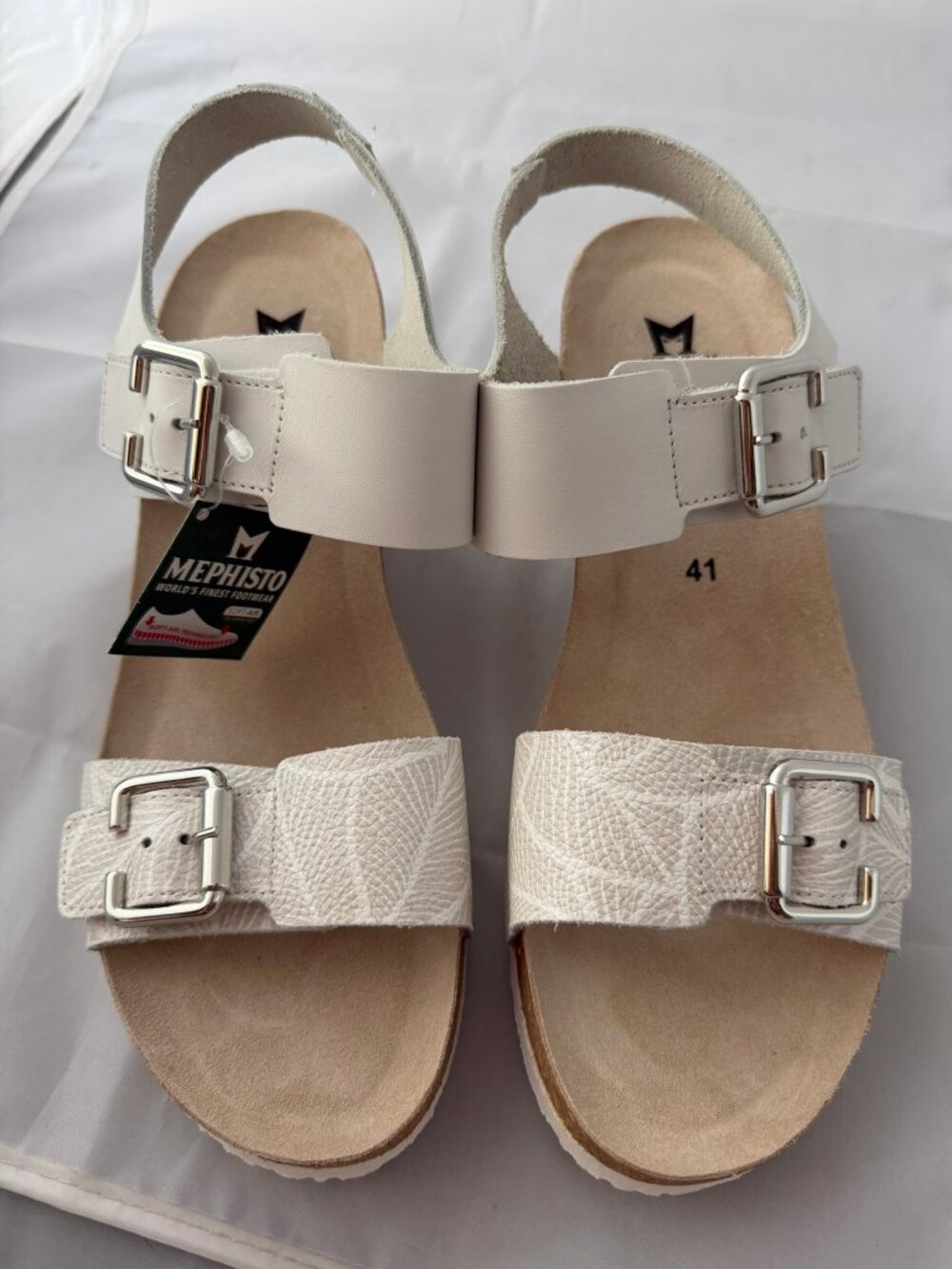 Mephisto Lissandra Wedge Sandals White Sandanyl/Fog Panama Leather Size 11  NIB